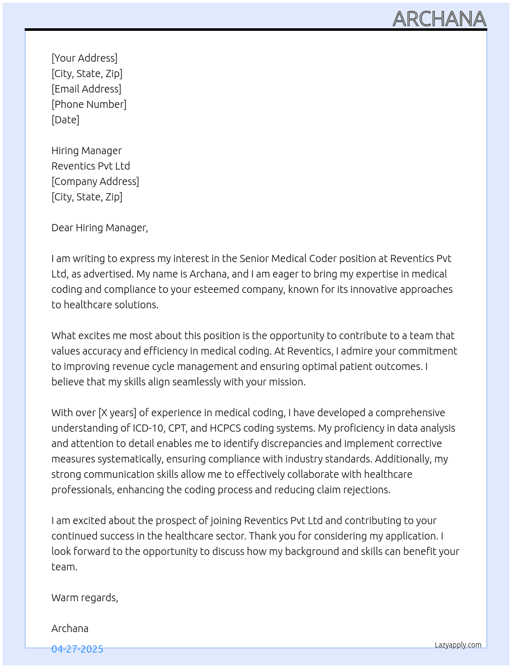 Senior Medical Coder At Reventics Pvt Ltd Cover Letter