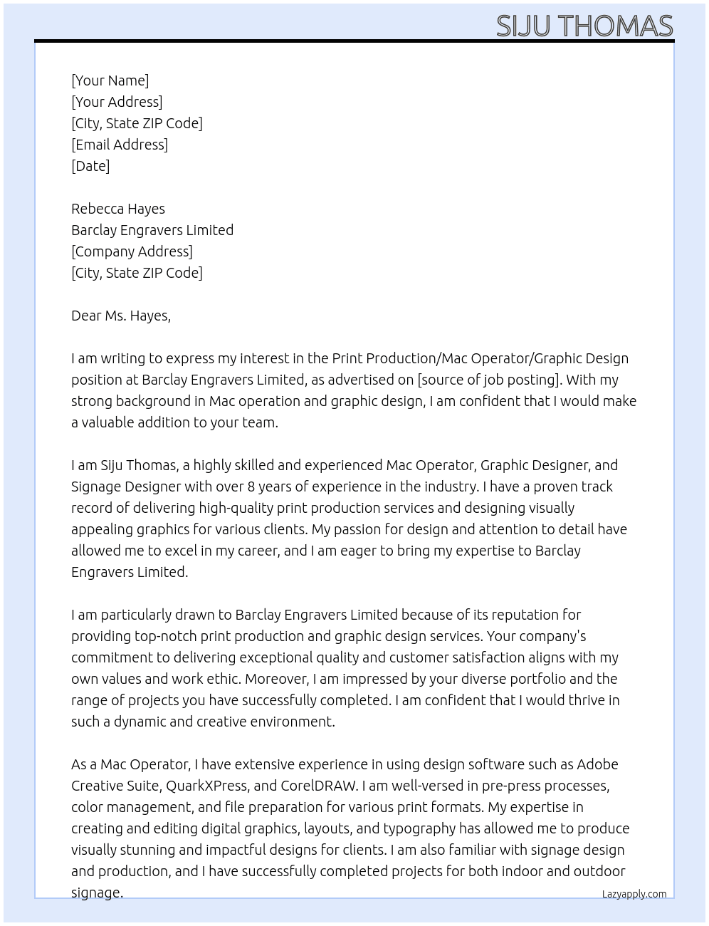 Print Production/Mac Operator/Graphic Design At Barclay Engravers Limited Cover Letter