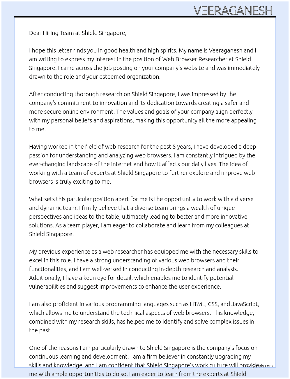 Cover letter for web browser researcher - LazyApply