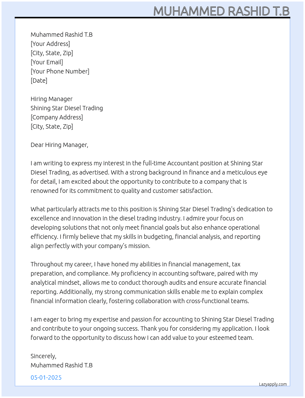 Accountant  At Shining Star Diesel Trading  Cover Letter