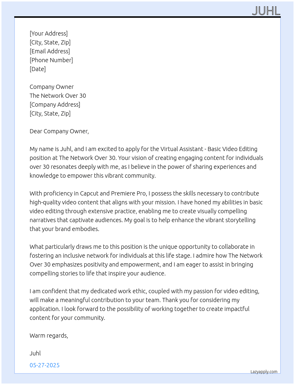 Cover letter for virtual assistant - basic video editing - LazyApply