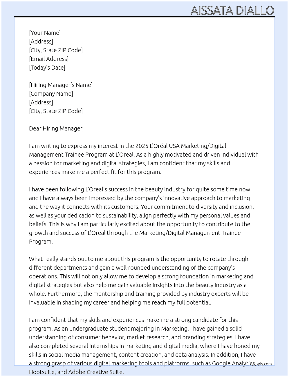 2025 L'Oréal USA Marketing/Digital Management Trainee Program At L'Oreal  Cover Letter