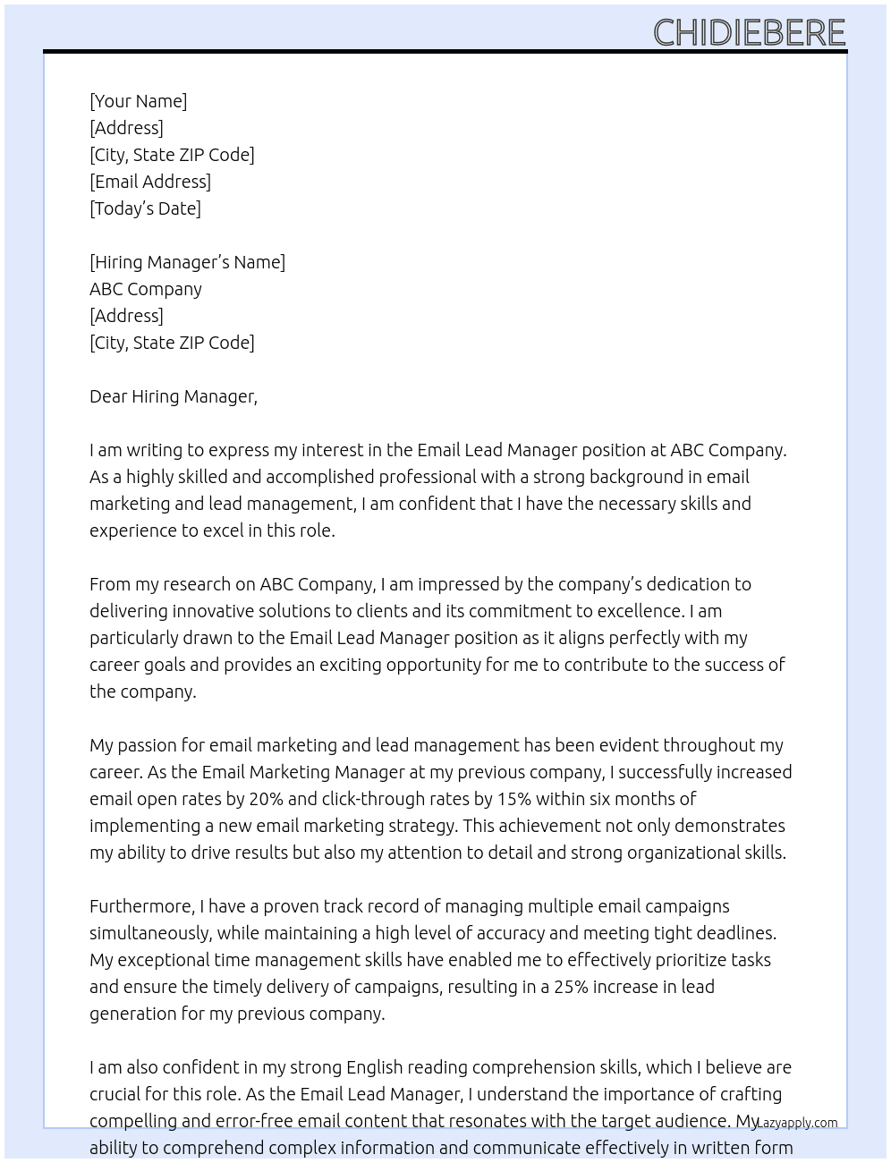 Cover letter for email lead manager - LazyApply
