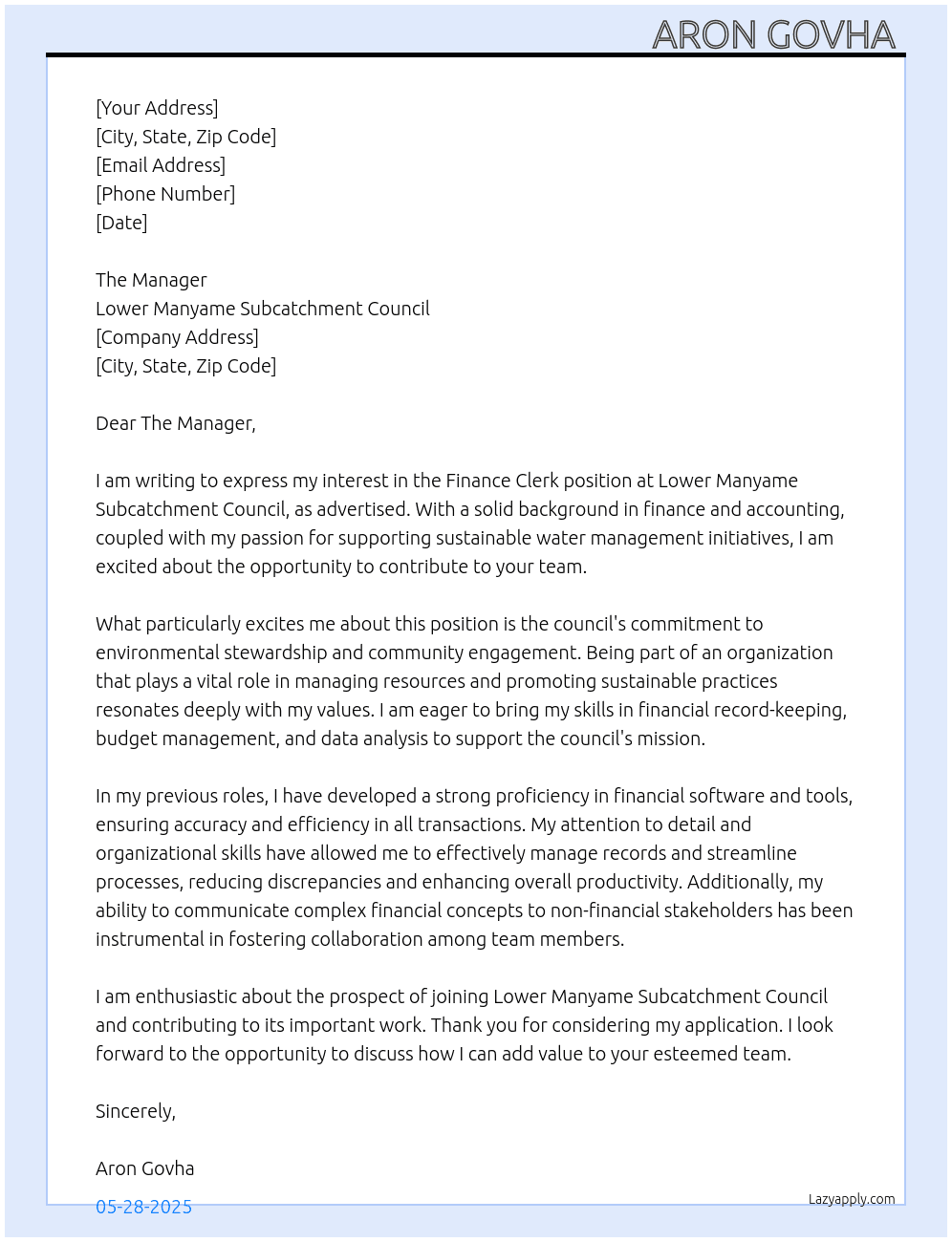 Cover letter for finance clerk - LazyApply