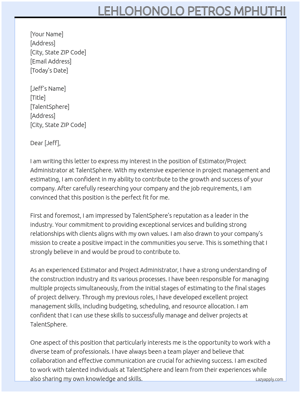 Cover letter for estimator/ project administrator - LazyApply