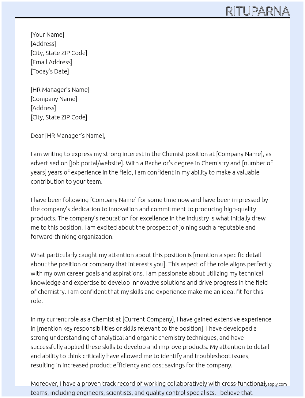 chemist At company name Cover Letter
