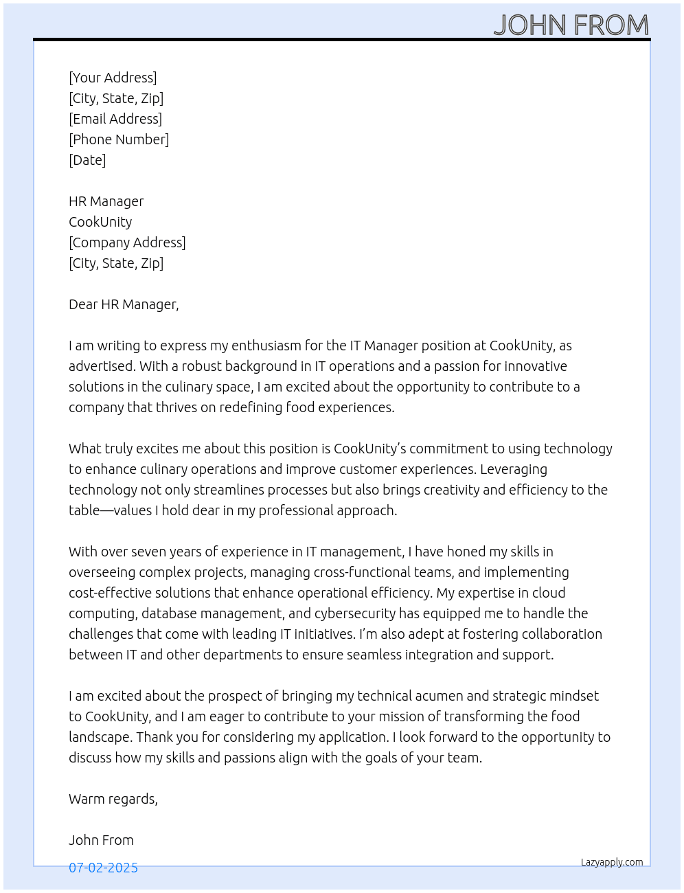 IT Manager At CookUnity Cover Letter