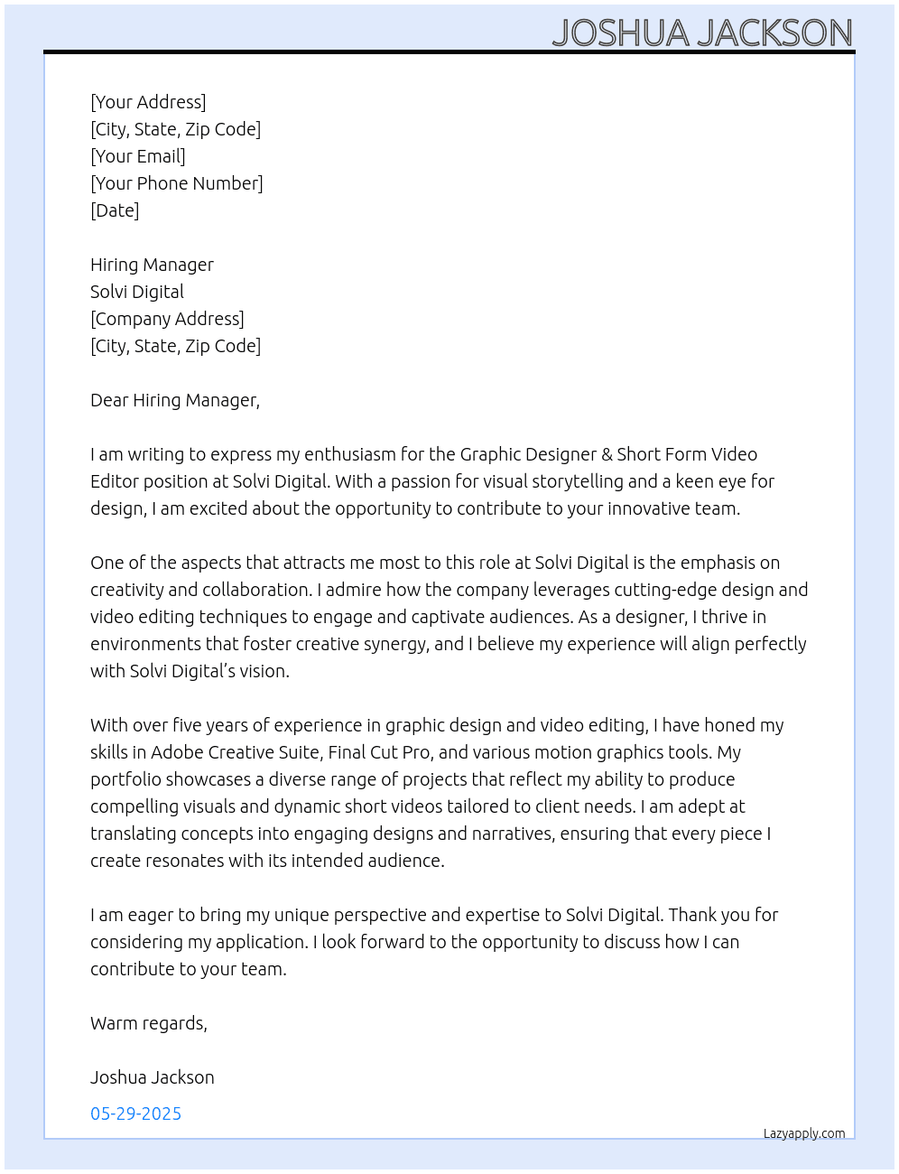 Graphic Designer & Short Form Video Editor At Solvi Digital Cover Letter