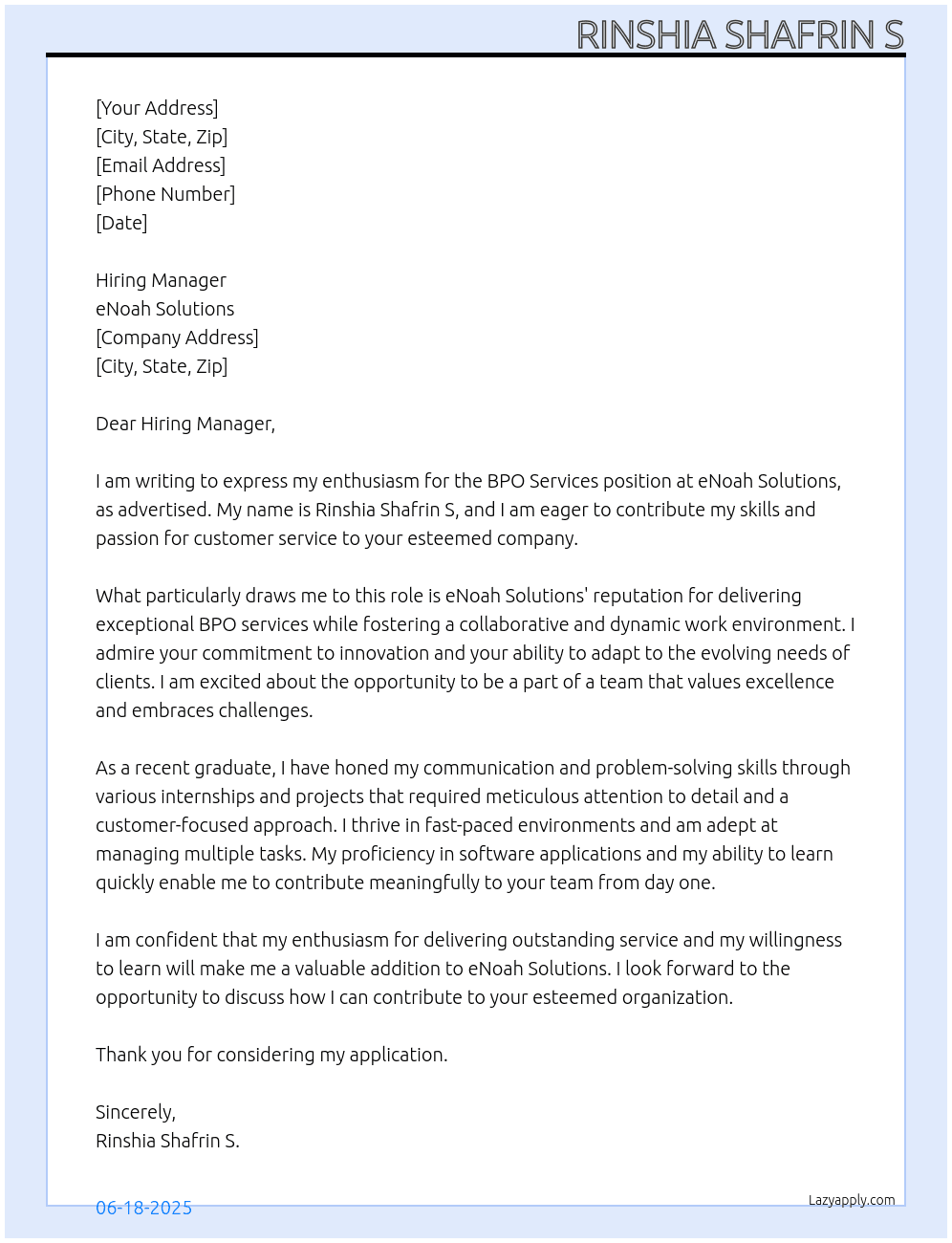 Cover letter for bpo services - LazyApply