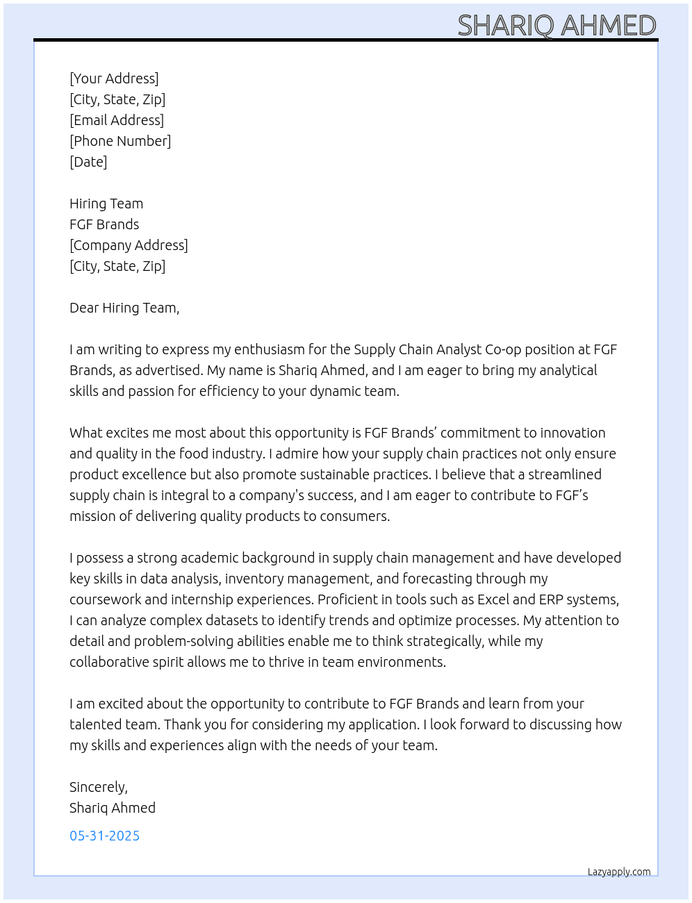 Supply Chain Analyst Co-op At FGF Brands Cover Letter