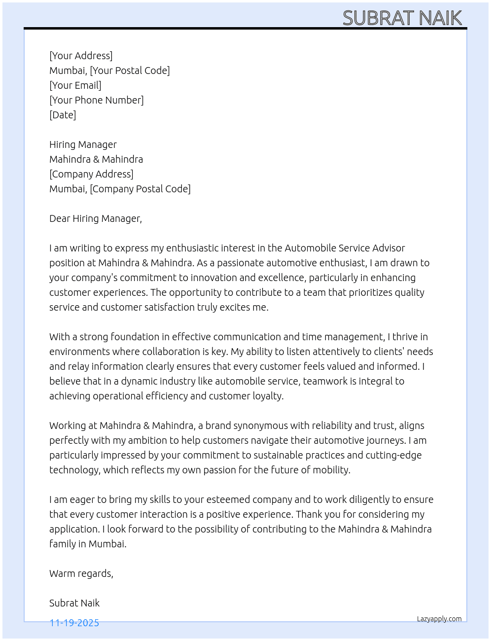 Automobile Service Advisor At Mahindra & Mahindra Cover Letter