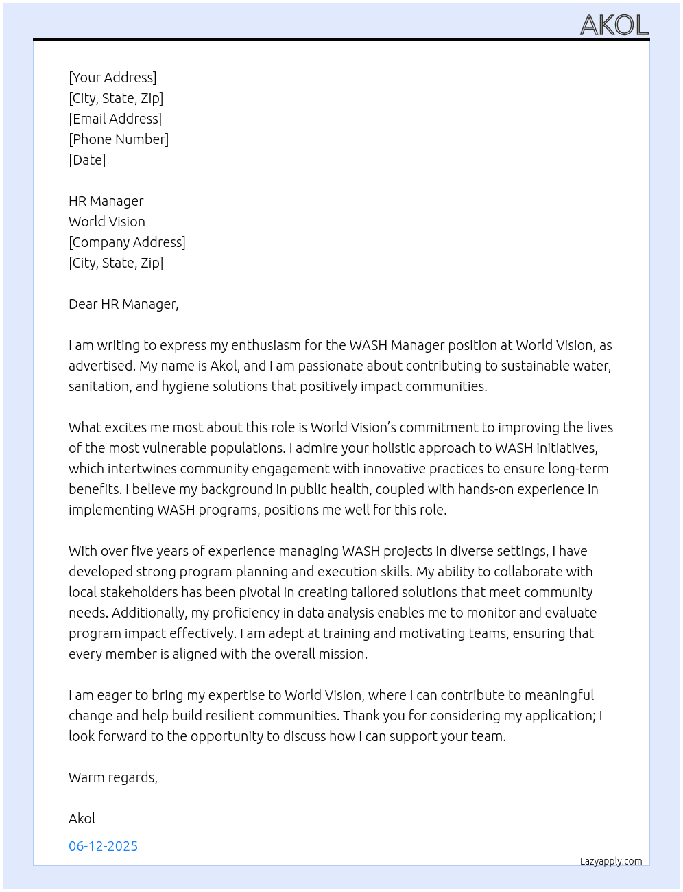 WASH Manager At world Vision Cover Letter
