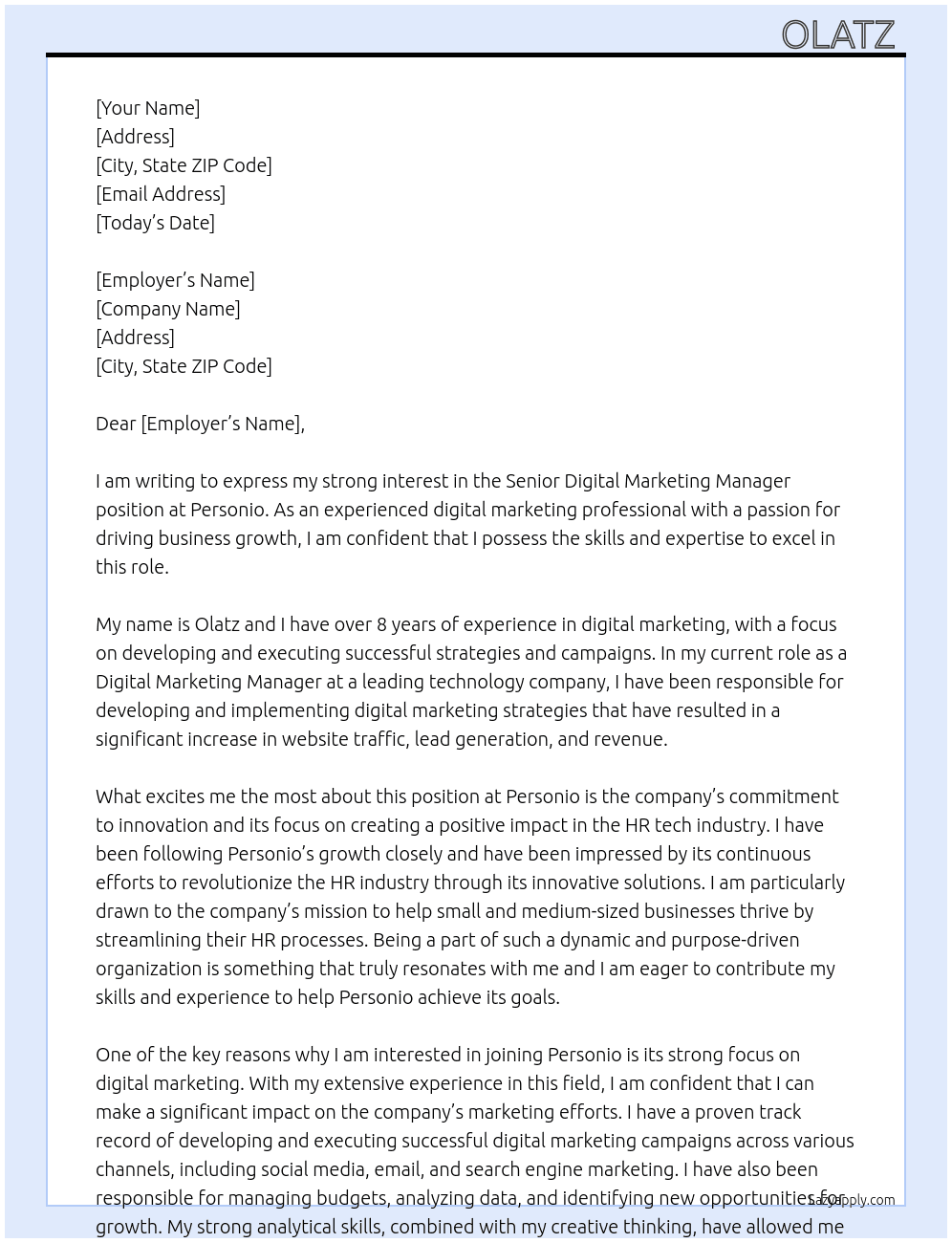 Senior digital marketing manager  At Personio Cover Letter
