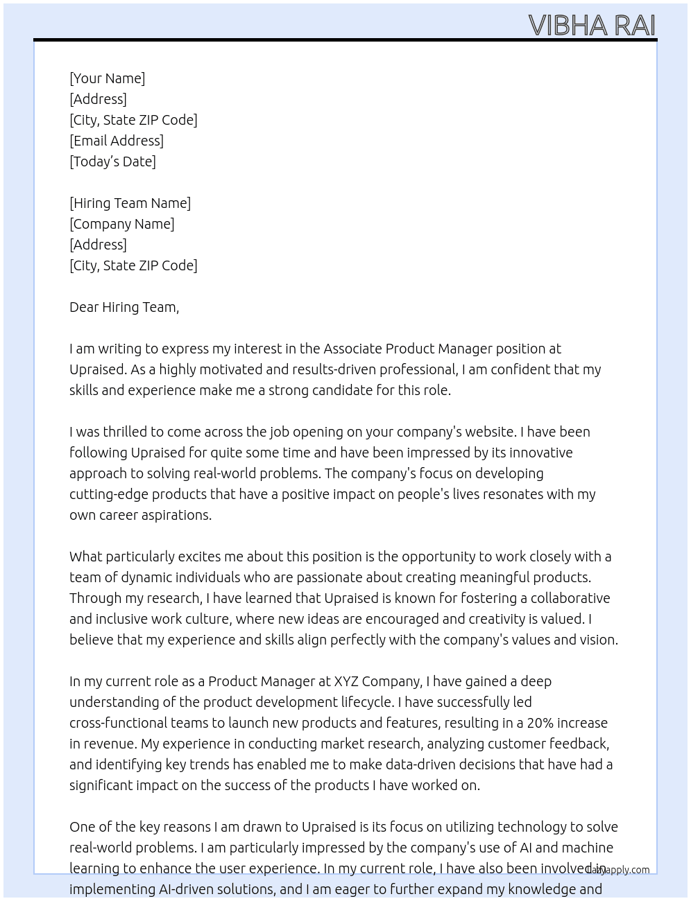 Associate Product Manager At Upraised Cover Letter
