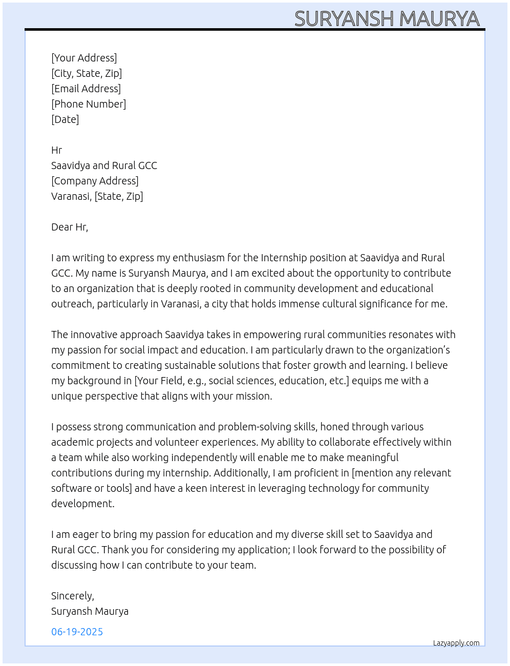 Internship  At Saavidya and rural gcc Cover Letter