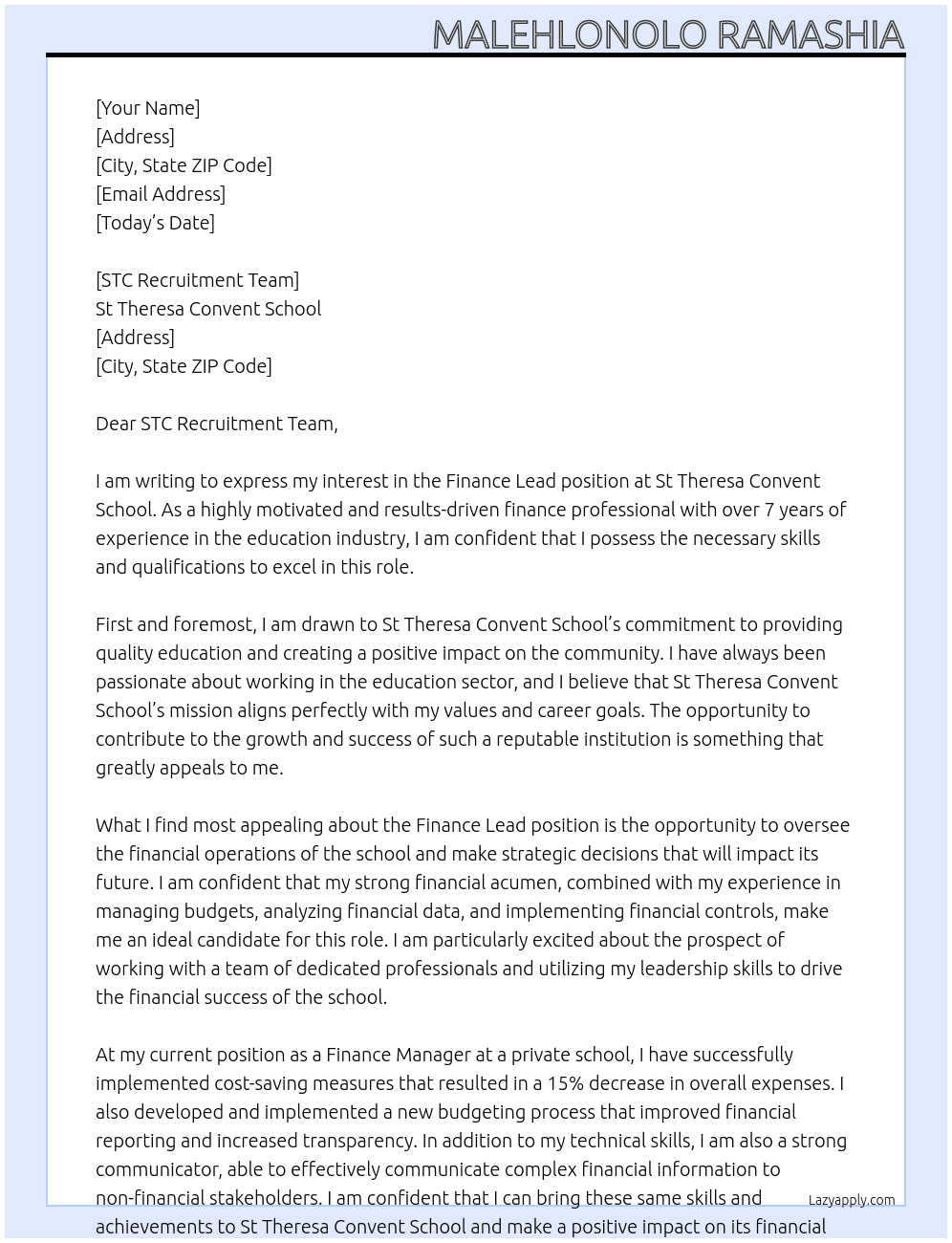 Cover letter for finance lead - LazyApply