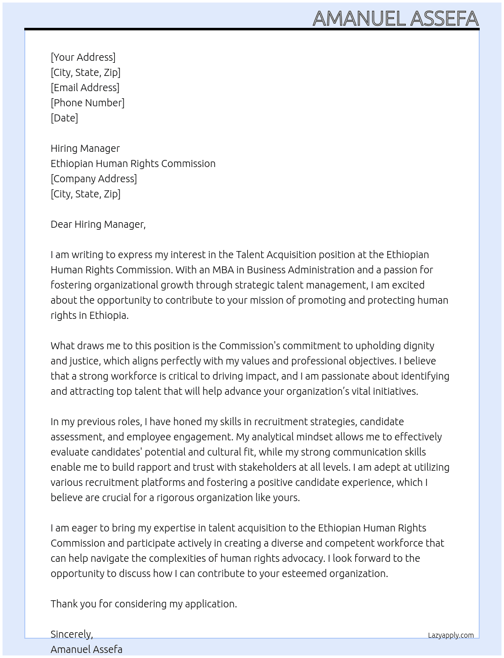 HR office Talent Acquisition position At Ethiopian Human Rights Commission Cover Letter
