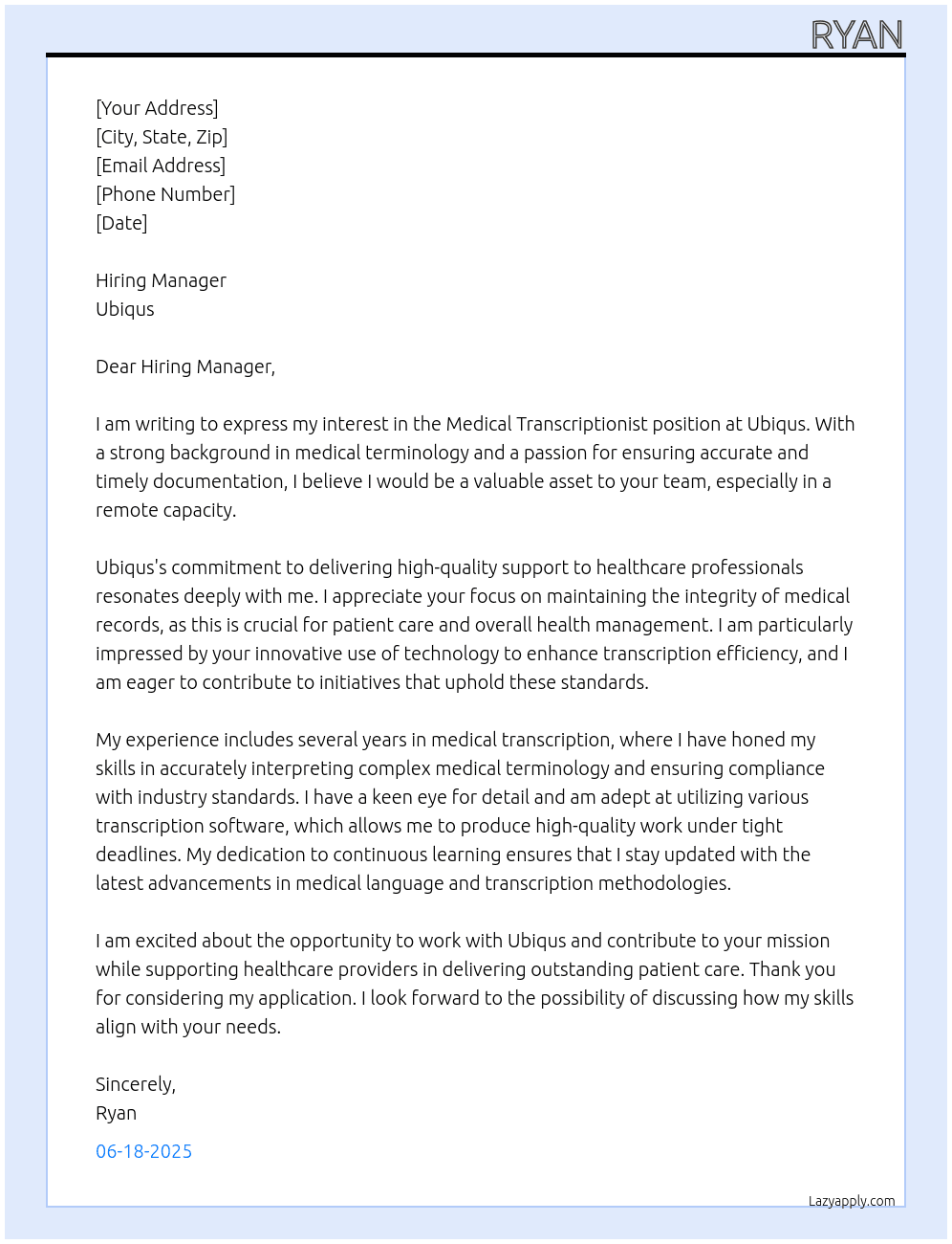 Medical Transcriptionist At Ubiqus Cover Letter