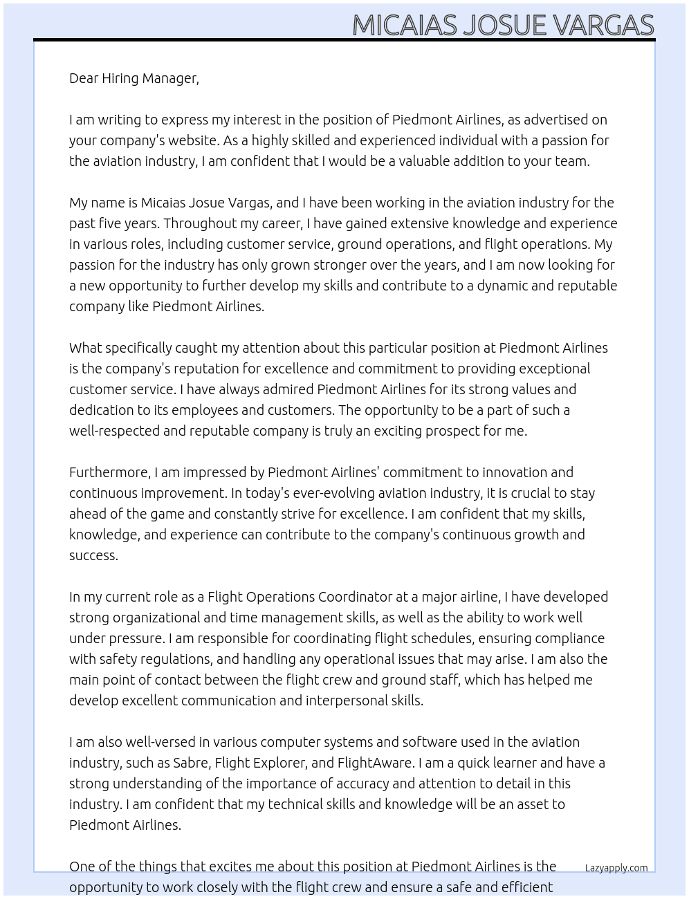 Cover letter for piedmont airlines - LazyApply