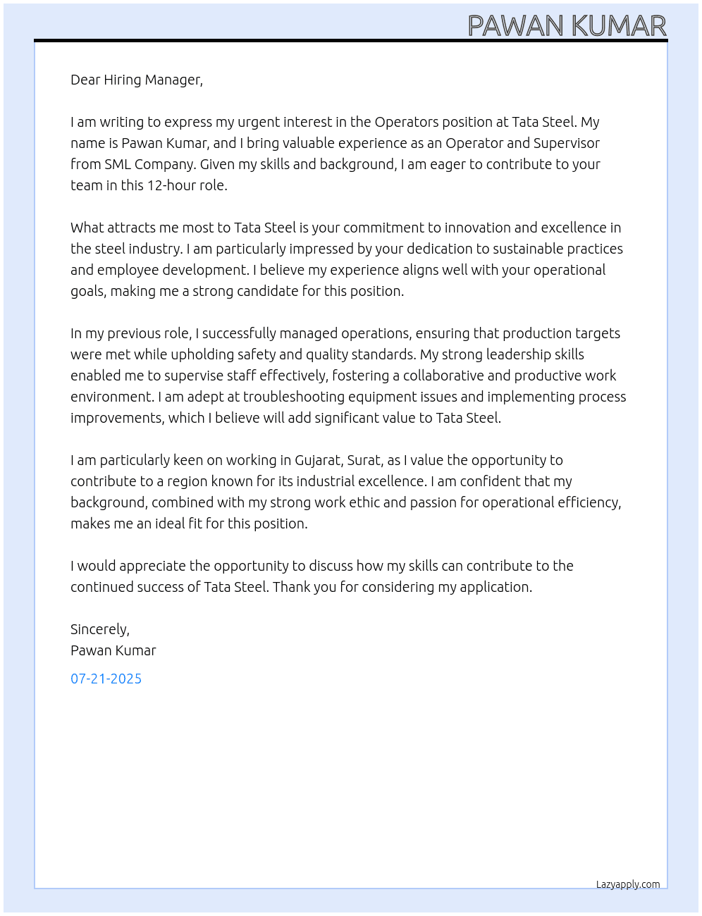 Cover letter for operators - LazyApply