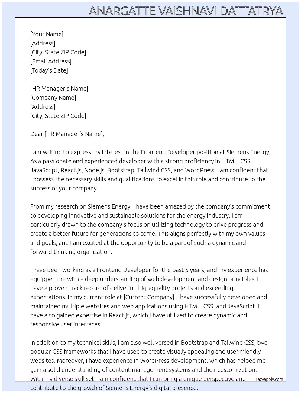 Frontend developer  At Siemens energy  Cover Letter