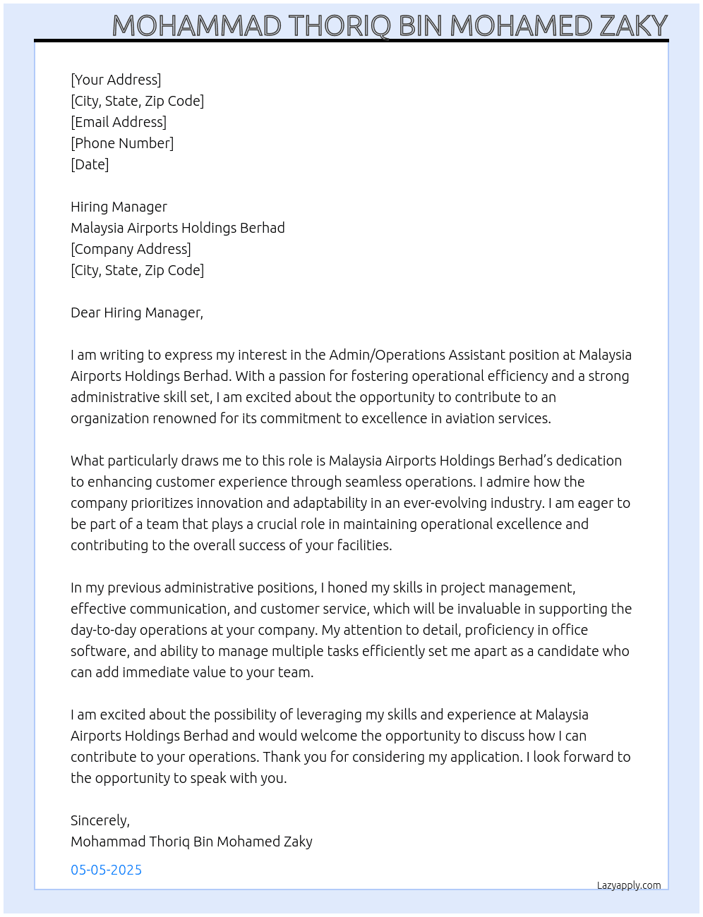 Cover letter for admin/operations assistant - LazyApply