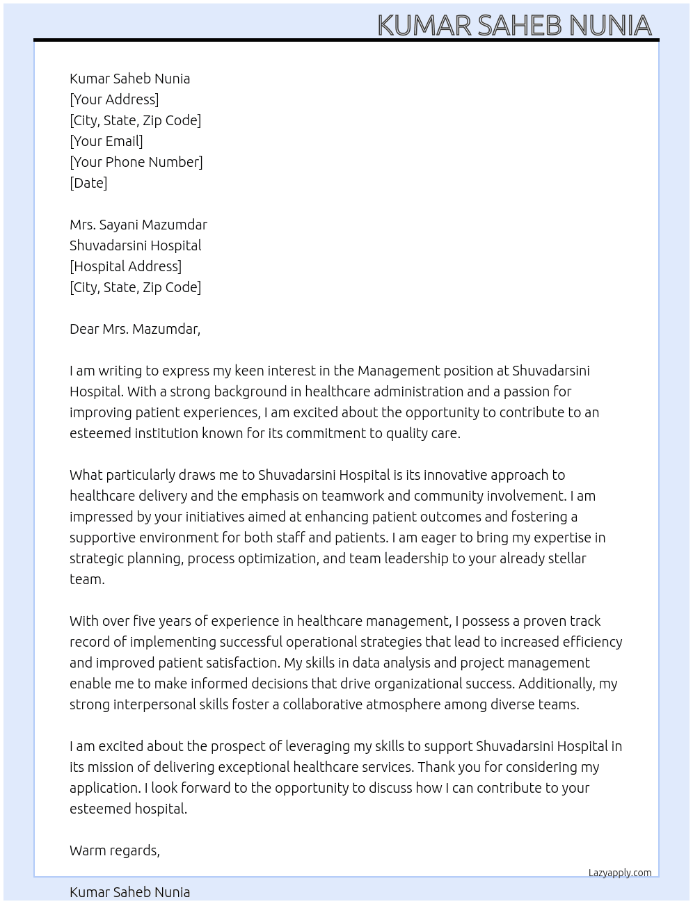 Management  At Shuvadarsini Hospital  Cover Letter
