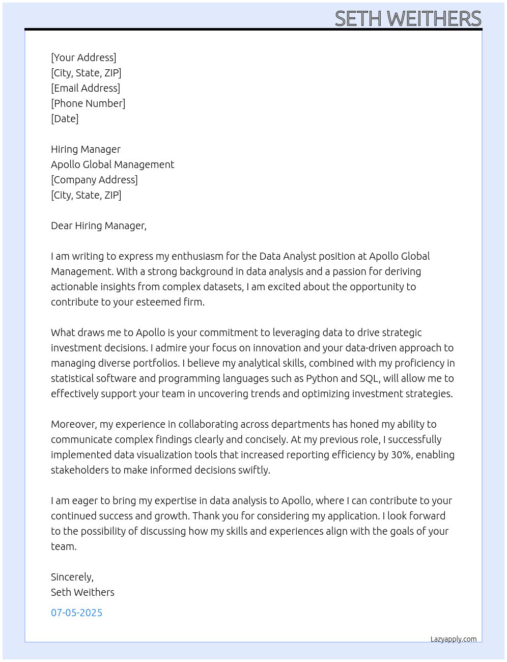 Data Analyst At Apollo Global Management Cover Letter