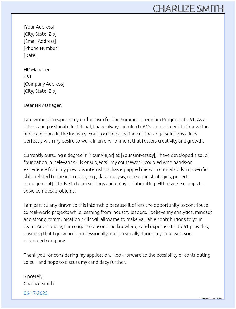 Summer Internship Program At e61 Cover Letter