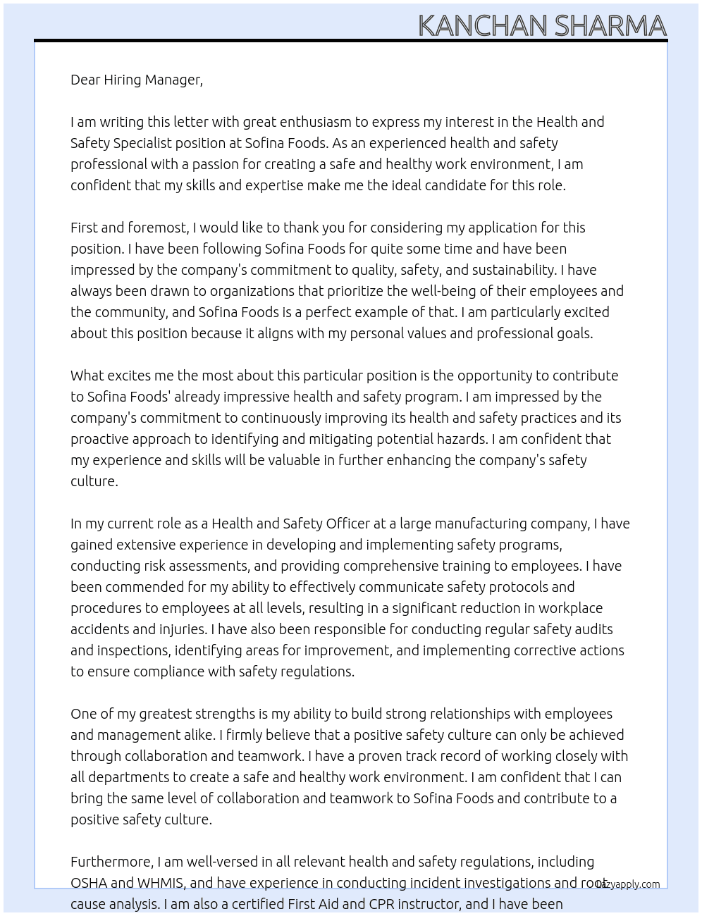 Health and safety Specialist At Sofina Foods Cover Letter