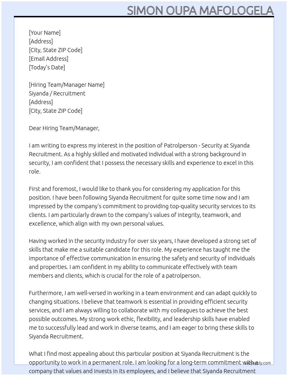 Patrolperson - Security At Siyanda / Recruitment Cover Letter
