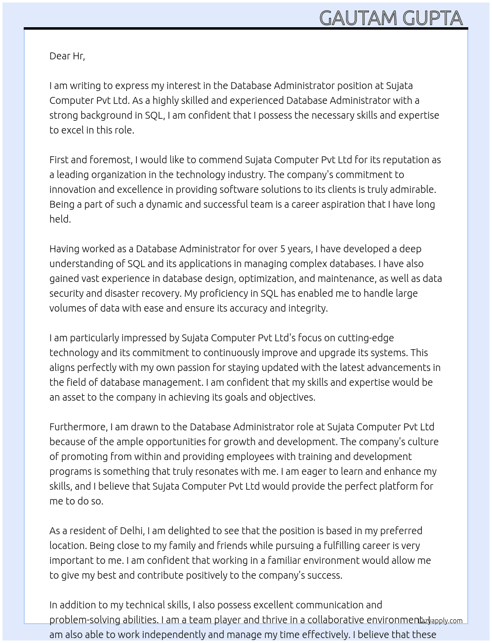 Database Administrator  At Sujata Computer pvt ltd  Cover Letter