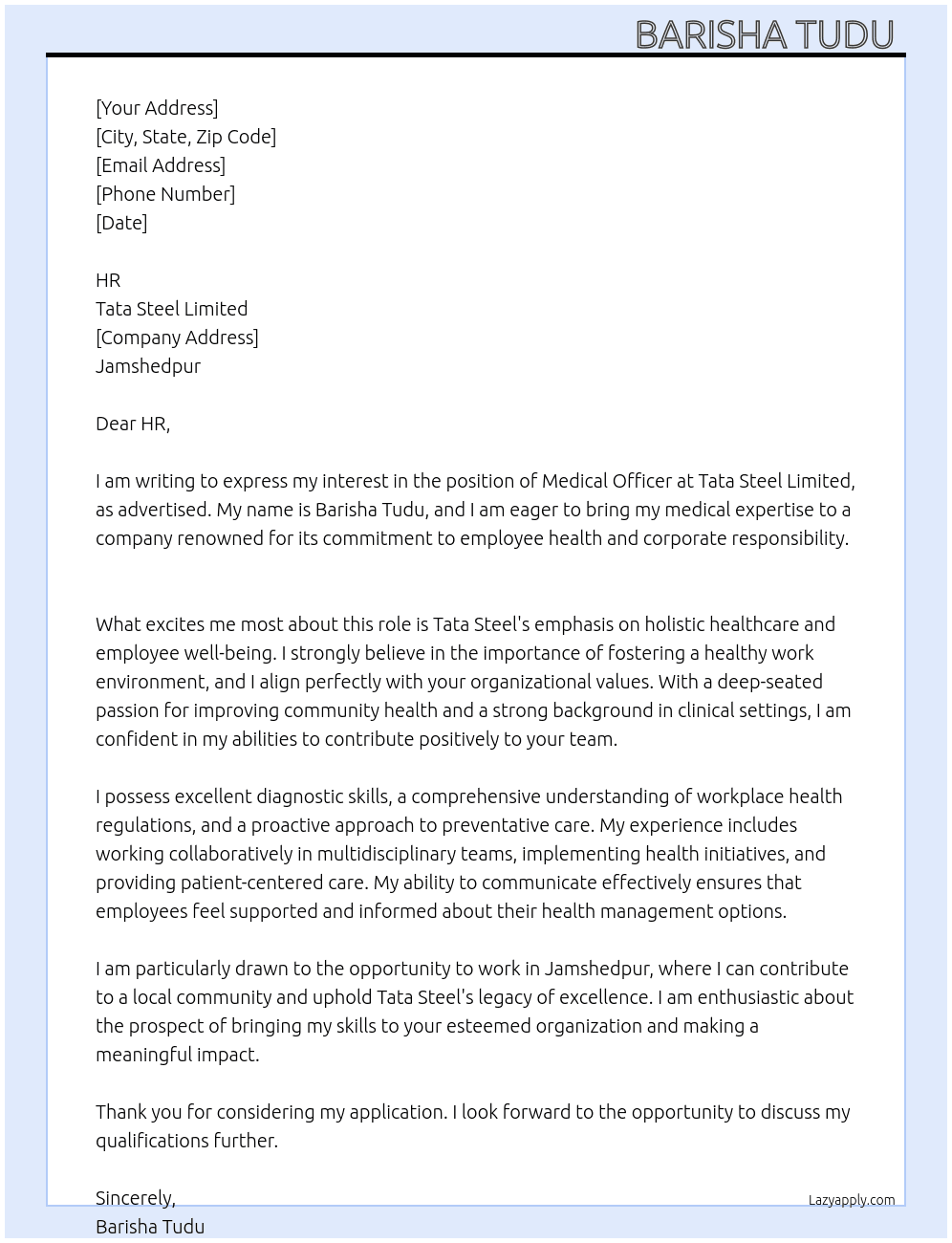 Medical Officer- TMH At Tata Steel limited  Cover Letter