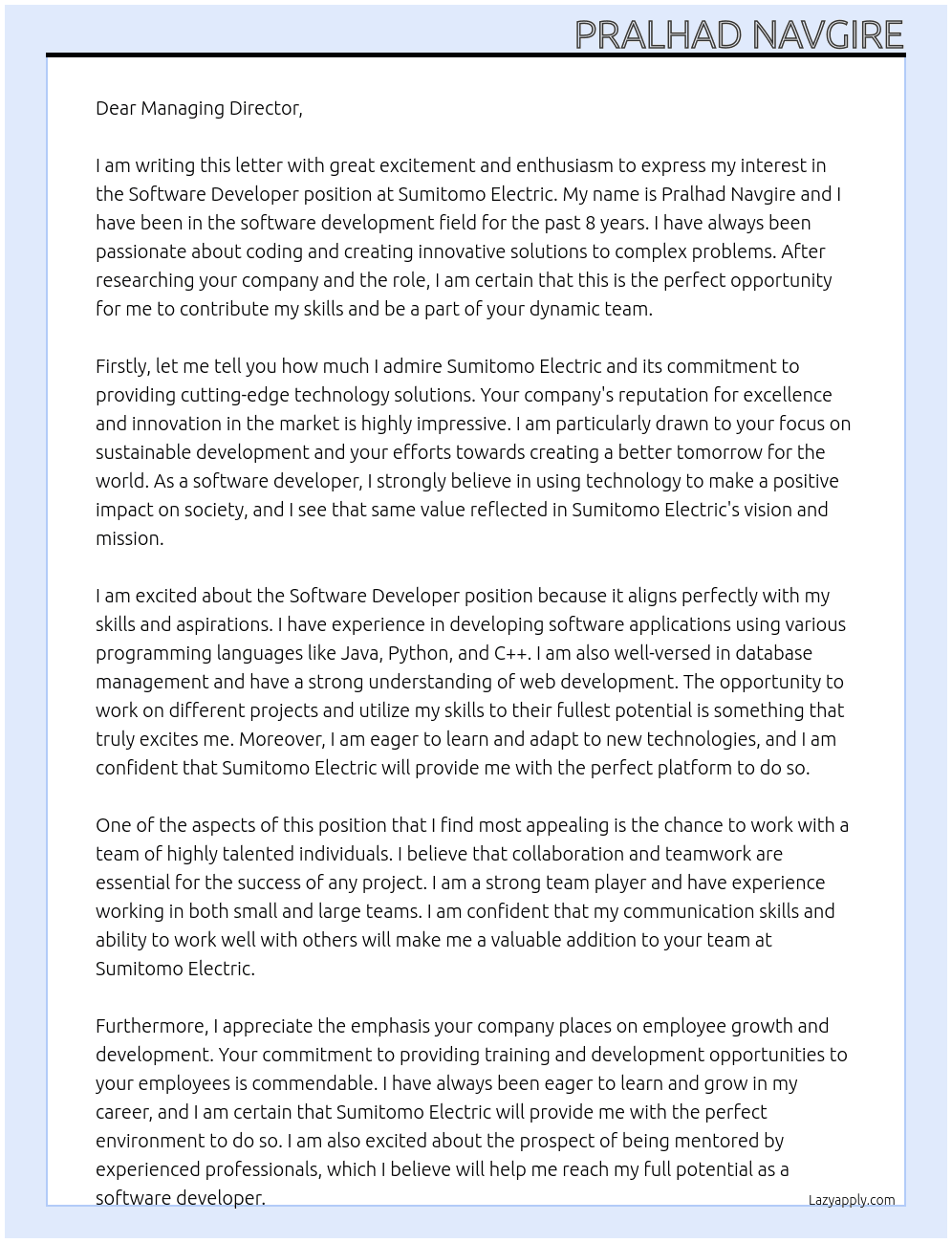 software developer At Sumitomo Electric Cover Letter