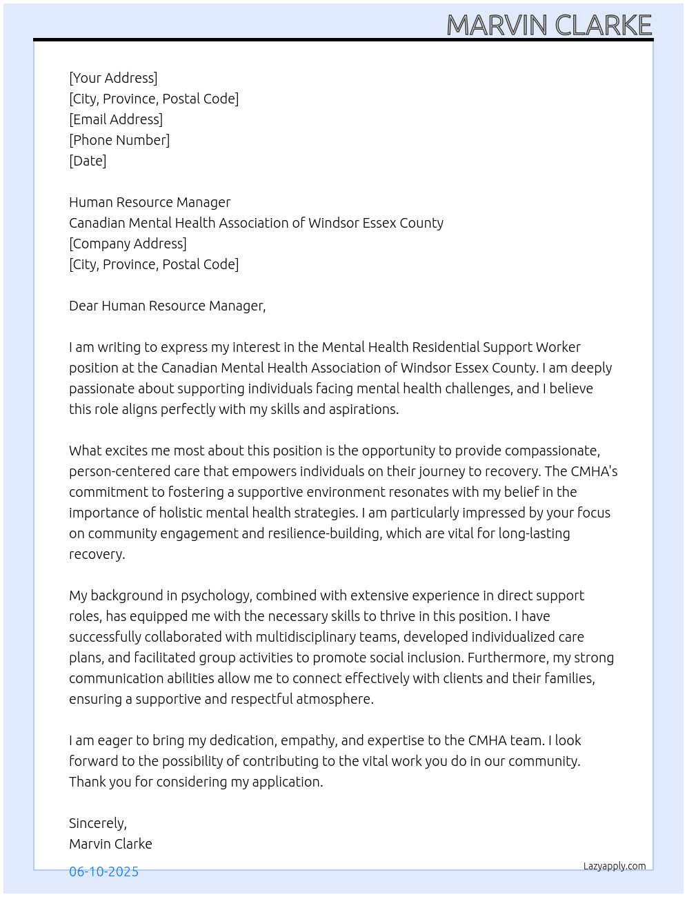 Mental Health Residential Support Worker At Canadian Mental Health Association of Windsor Essex County Cover Letter