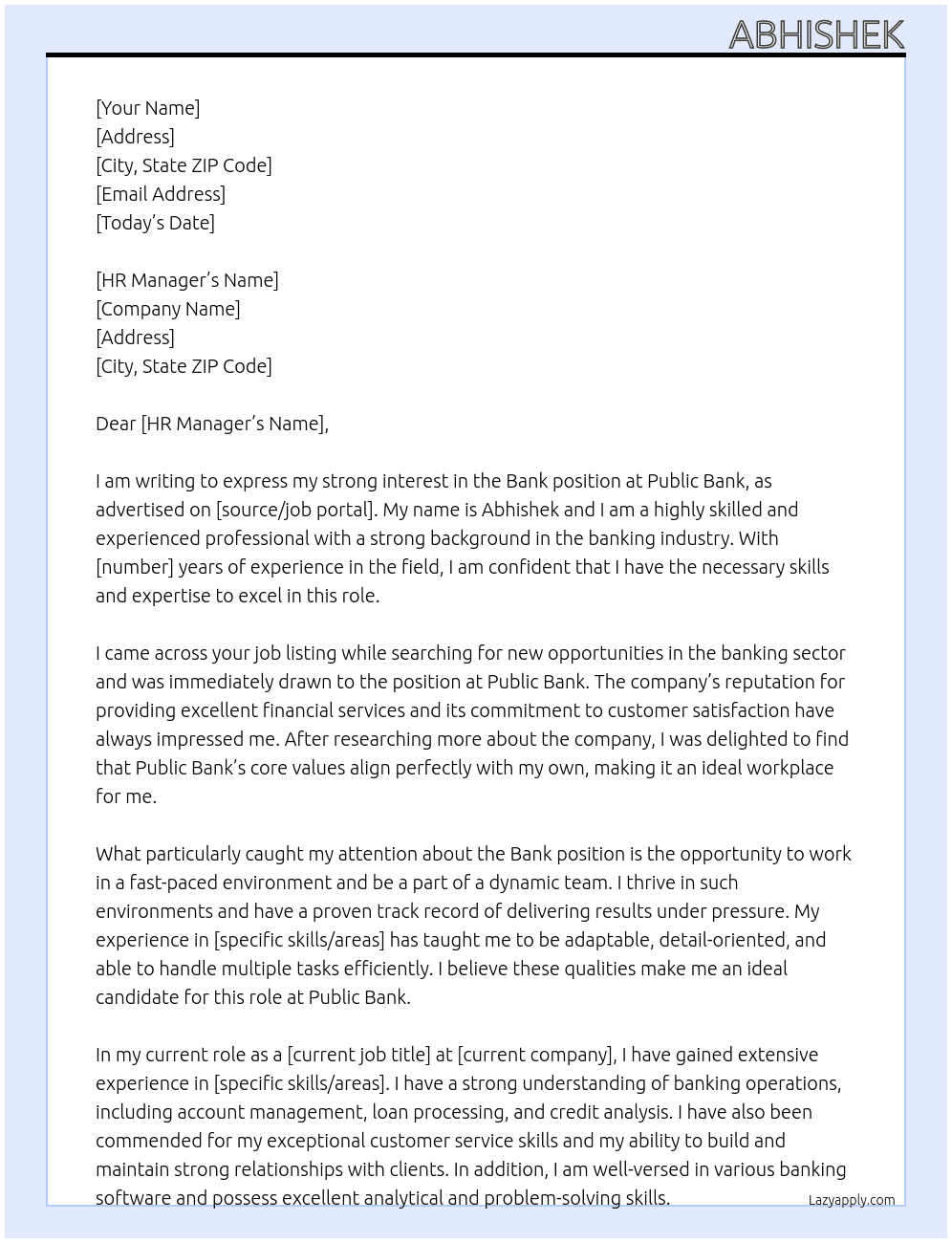 Bank At Public bank Cover Letter