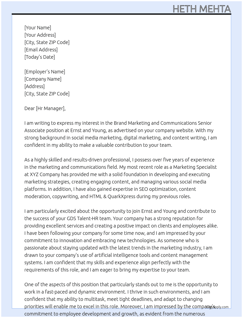 Brand Marketing and Communications Senior Associate - GDS Talent-HR At Ernst and Young  Cover Letter