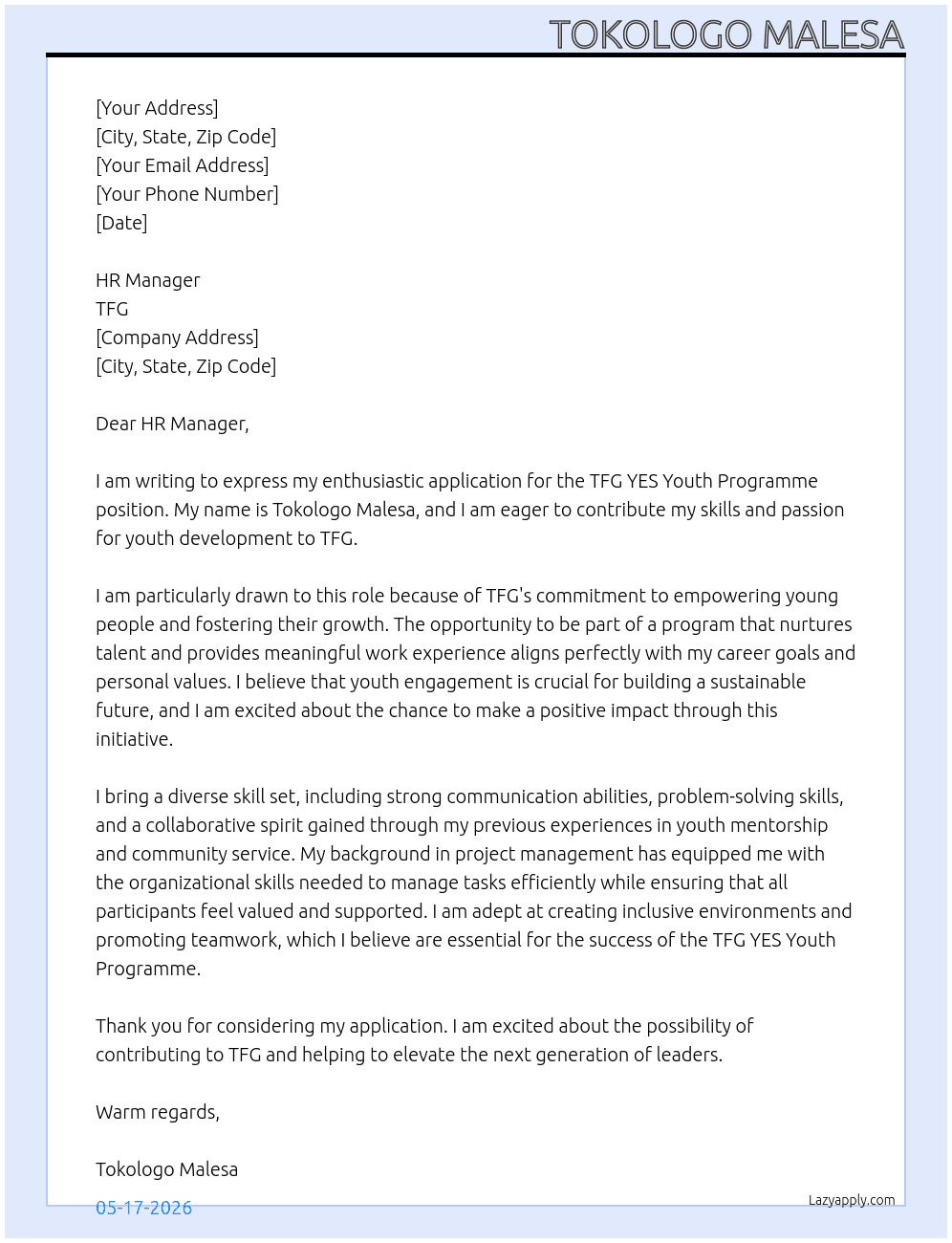 TFG YES YOUTH PROGRAMME At TFG Cover Letter