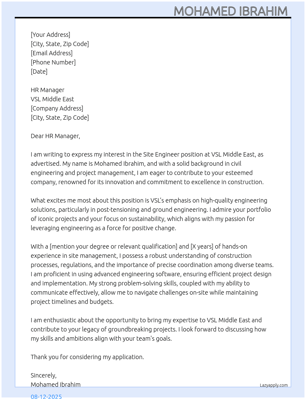 Site engineer  At VSL middle east  Cover Letter