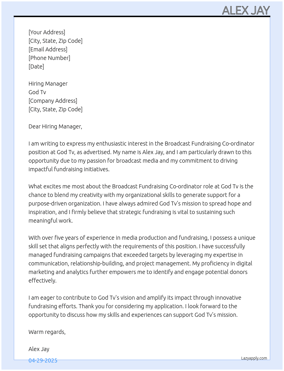 Broadcast Fundraising Co-ordinator At God Tv  Cover Letter