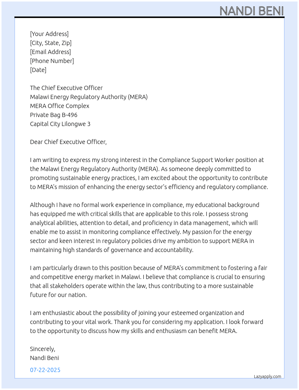 Compliance Support worker no experience  At Malawi Energy Regulatory Authority  Cover Letter
