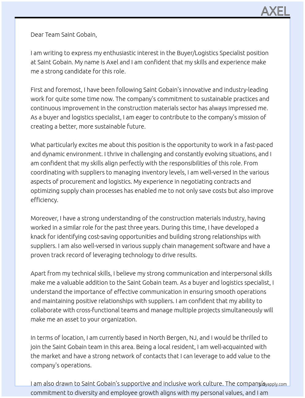 Buyer / Logistics Specialist At Saint Gobain Cover Letter