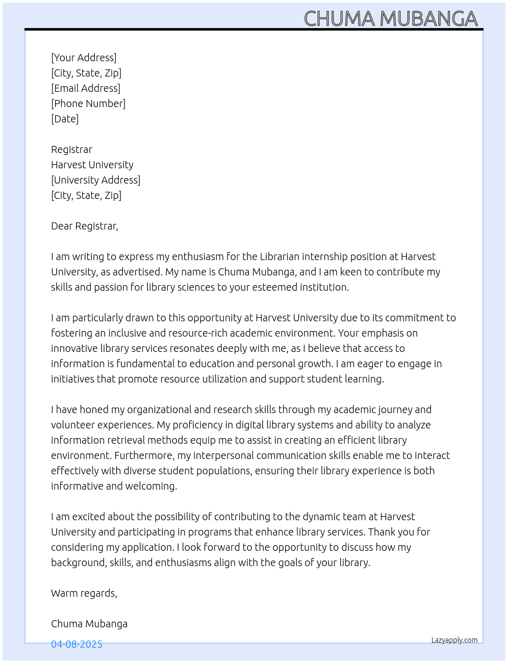 Librarian  At Harvest university  Cover Letter