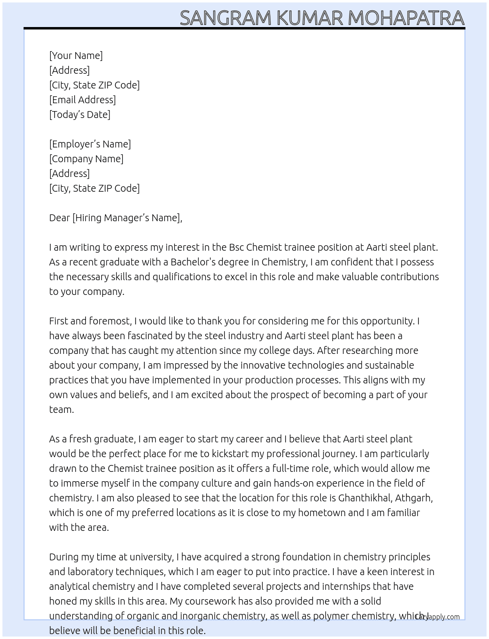 Cover letter for bsc chemist trainee - LazyApply