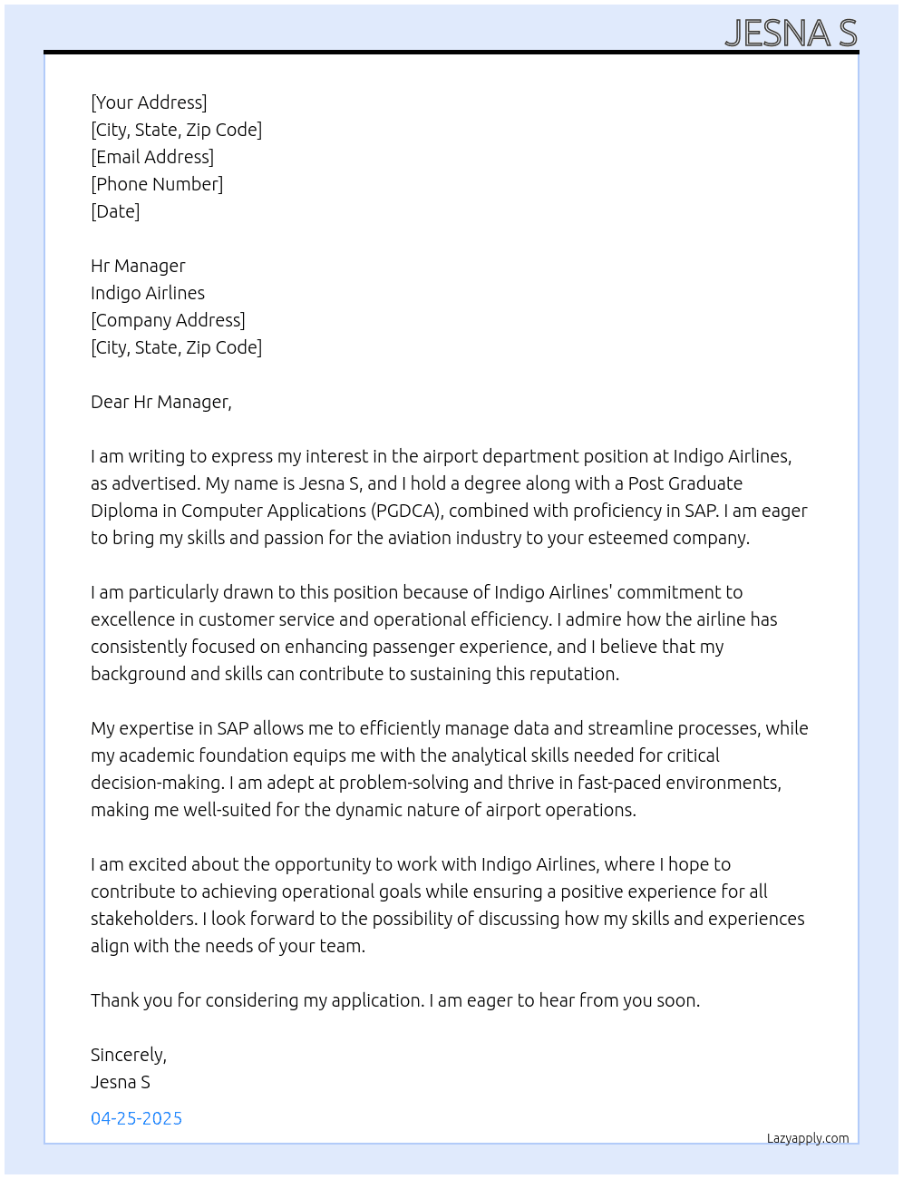 Cover letter for airport department jobs - LazyApply