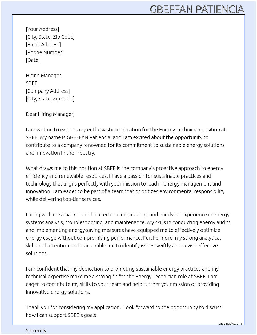 ENERGY TECHNICIAN At SBEE Cover Letter