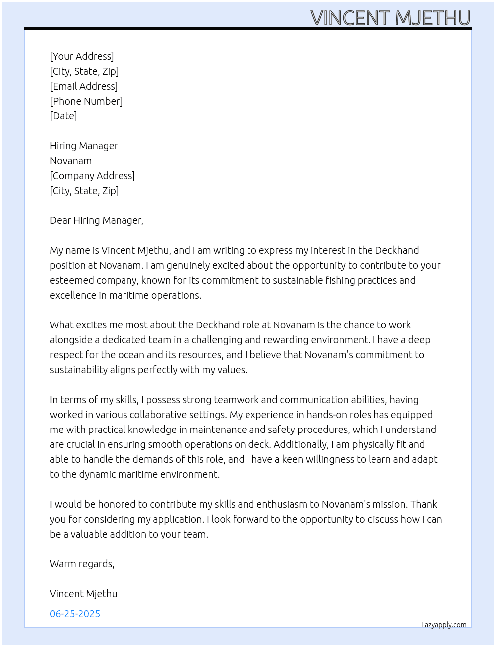 Deckhand  At Novanam Cover Letter