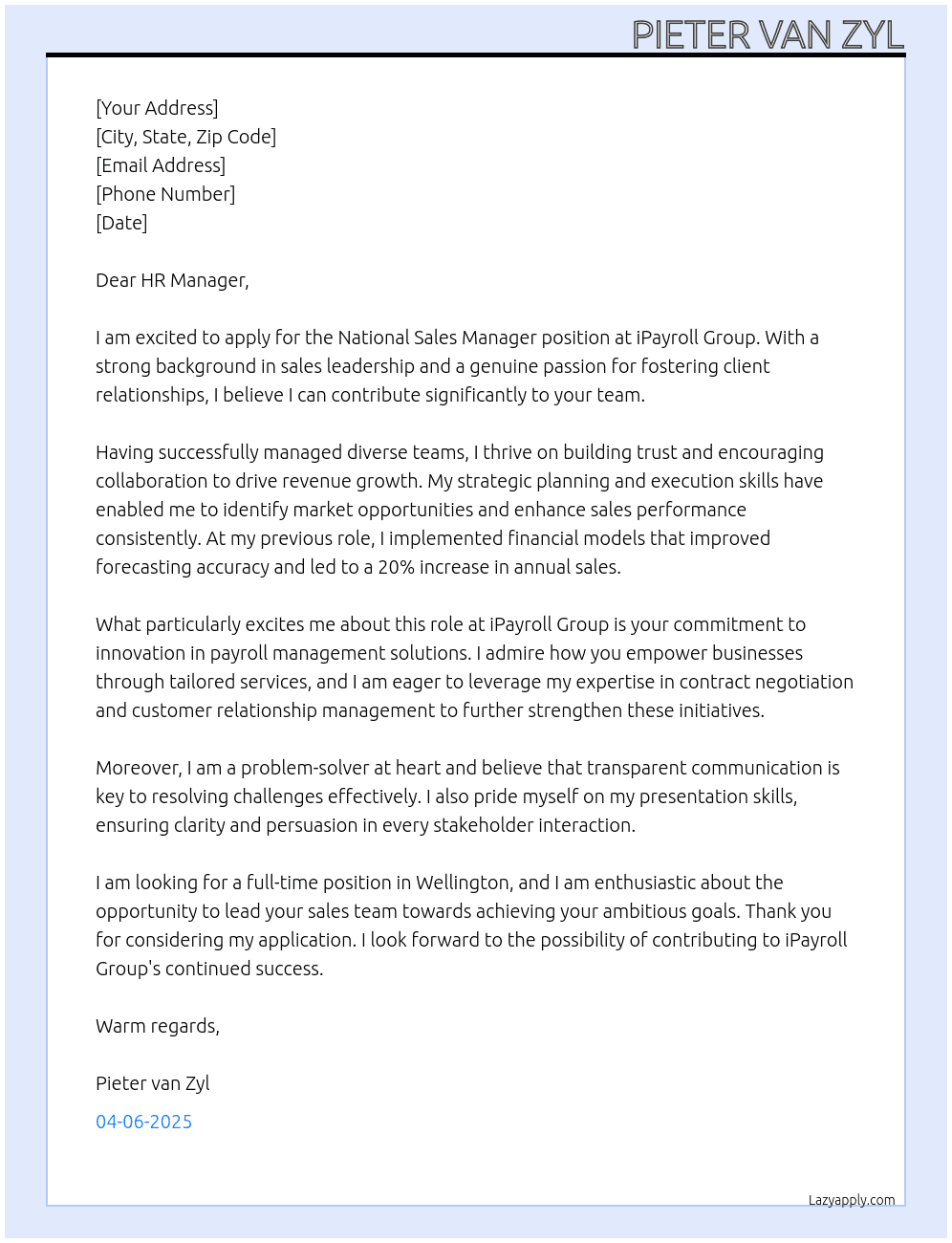 National Sales Manager At iPayroll Group Cover Letter