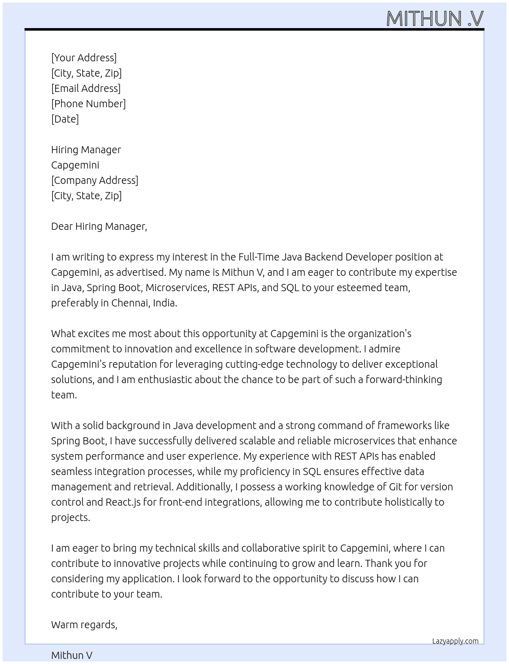 Cover letter for java backend deverloper - LazyApply