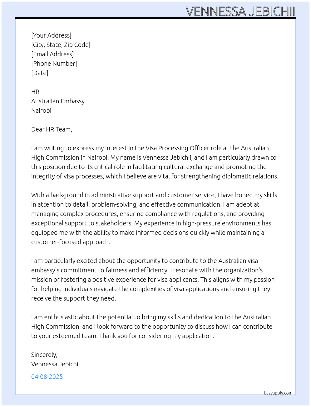 Job Application Tips for Visa Processing Officer Roles at the Australian High Commission, Nairobi At Australian visa embassy  Cover Letter